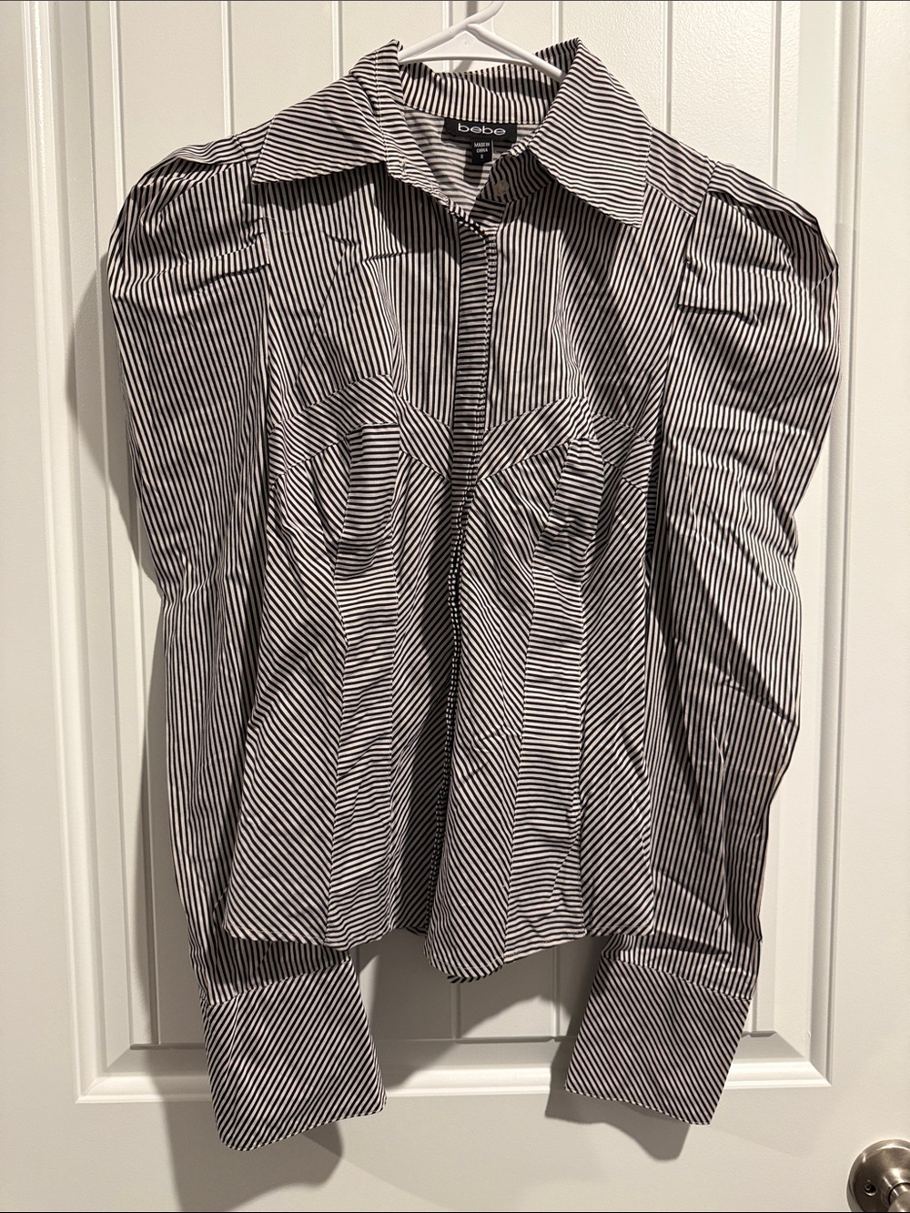 bebe Black and White Striped Puff-Sleeve Shirt